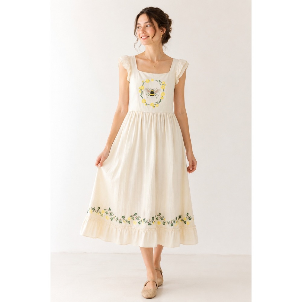 Romwe Cream Embroidered Bee Floral Midi Dress Cottagecore Ruffle Sleeve Medium